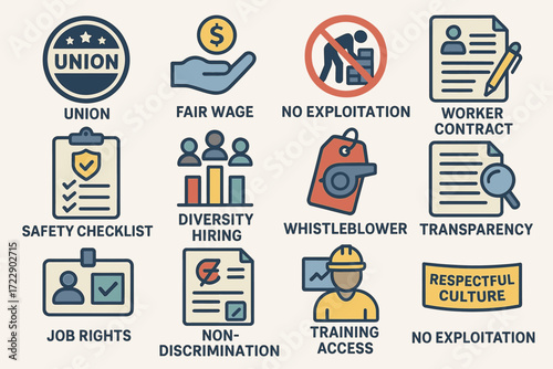 Workplace rights and values: fair wage, non-discrimination, safety, diversity, transparency