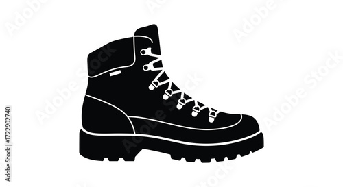 A simple black and white illustration of a single hiking boot