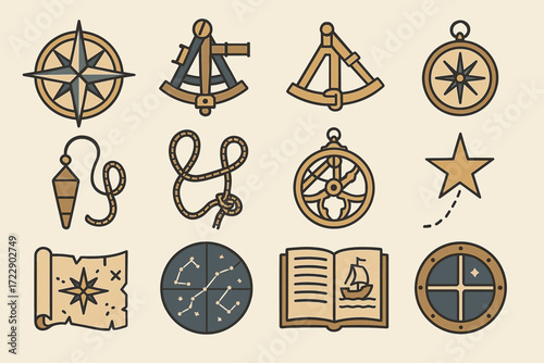 Vintage navigation icons: compass, sextant, star, map, nautical wheel, constellation, adventure theme