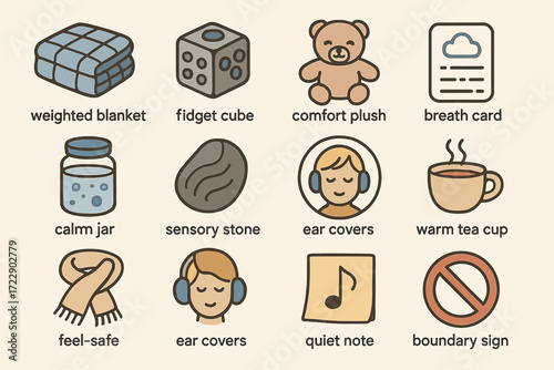 Sensory tools for relaxation: weighted blanket, fidget cube, comfort plush, and more