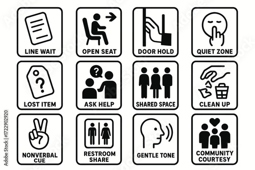 Icons representing social etiquette and public space behaviors