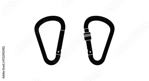 Two black carabiners displayed against a stark white background simple design