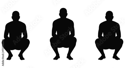 Three silhouetted figures in a squatting position against a white background