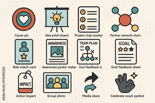 Business strategy icons: planning, networking, goals, awareness, impact