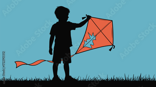 Silhouette of a boy flying a vibrant orange kite against a bright blue sky, evoking carefree childhood joy and outdoor summer fun