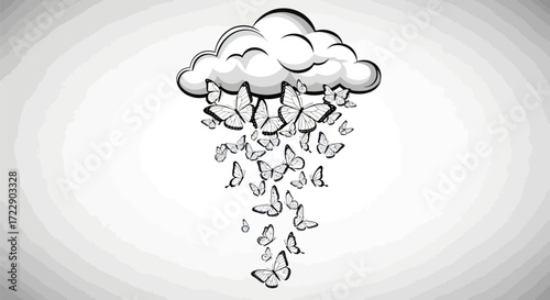 Whimsical cloud illustration releasing a cascade of delicate butterflies in black and white