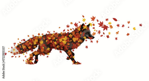 Whimsical depiction of a fox silhouette adorned with colorful autumn leaves blowing in the breeze