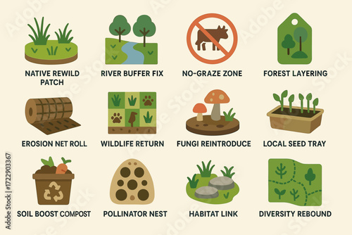 Ecological restoration icons: native rewild, wildlife return, habitat link, pollinator nest, erosion fix