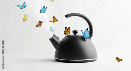 Whimsical metamorphosis, kettle releasing vibrant butterflies, symbolizing transformation and