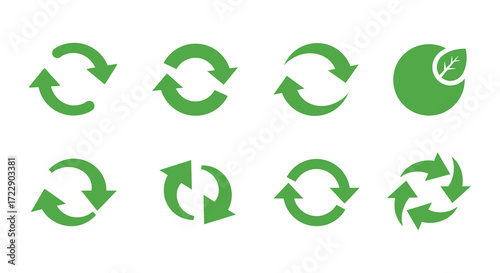 Green recycling symbol variations depict environmental sustainability and circular economy concepts