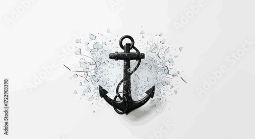 A bold illustration featuring an anchor emerging powerfully from shattered glass elements