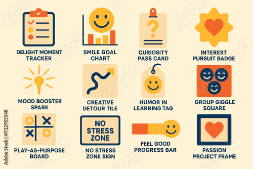 Collection of colorful icons with playful descriptions and positive symbols