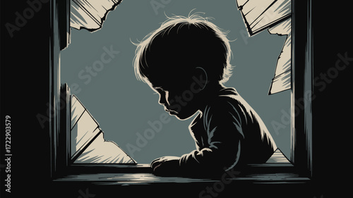 Poignant silhouette of child looking out broken window evokes feelings of loneliness, isolation, and uncertainty perfect for social commentary projects