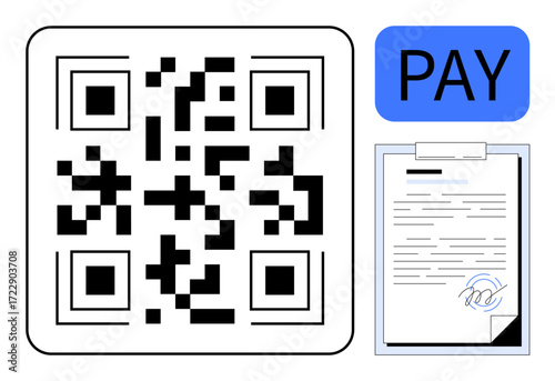 QR code linked to payment, an invoice with a signature, and a bold pay button. Ideal for e-commerce, transactions, modern business, fintech, digital receipts, online billing simple flat metaphor