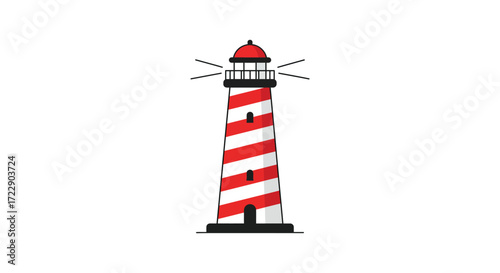 A colorful lighthouse with red and white stripes stands prominently displayed
