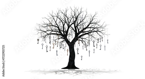 A stark silhouette of a key-bearing tree against a pristine white backdrop unveiling secrets and