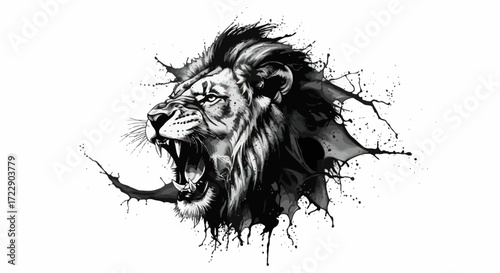 A striking lion portrait rendered in black ink with expressive splashes of fluid dynamism