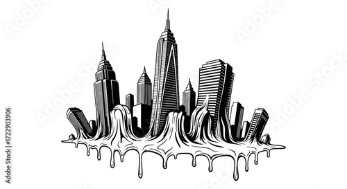 Abstract city skyline illustration in dripping ink style graphic design for backgrounds