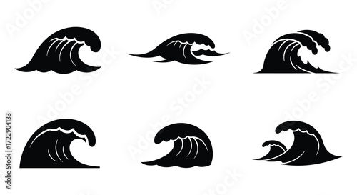 Stylized black and white depictions of ocean waves in various forms