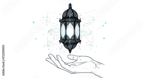 Artistic presentation of a lantern hovering above an outstretched hand sketch with digital elements