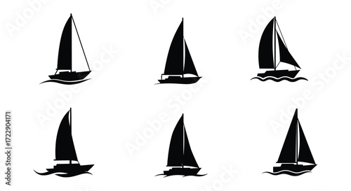 Simple black silhouettes of sailboats on wavy water nautical theme