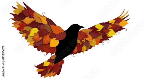 Autumnal aviary: A bird of falling leaves in flight against pristine white background