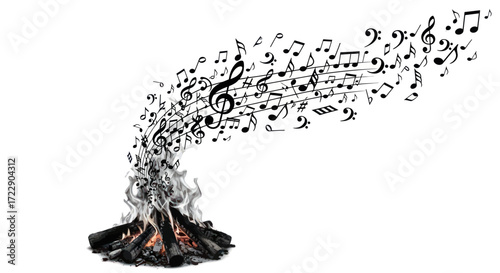 Campfire sonata, musical notes rising from burning logs to form harmonious melody