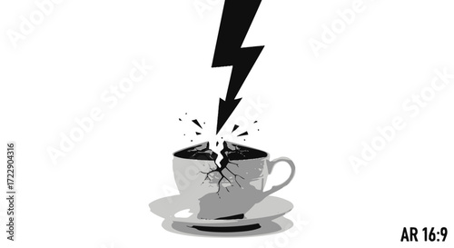 Broken coffee cup hit by lightning symbolizes stress or a sudden unfortunate event