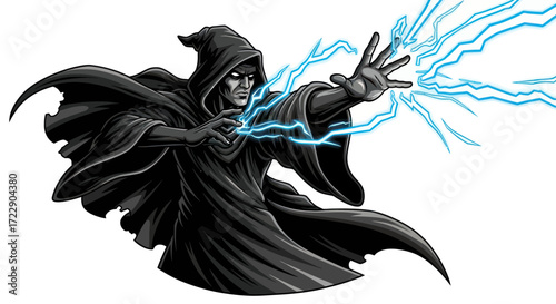 Cloaked mage conjuring electric bursts, delivering a powerful spell with hands outstretched