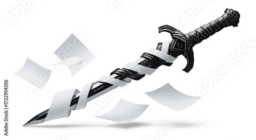 Conceptual artwork of a sword entwined with paper, representing a fight between ideas and power