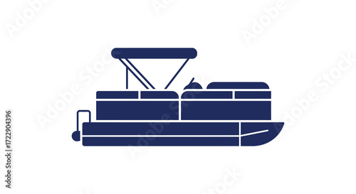 Simple blue silhouette illustration of a pontoon boat on white background