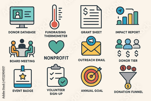 Nonprofit organization icons: donor database, fundraising, grant, volunteer, donation funnel
