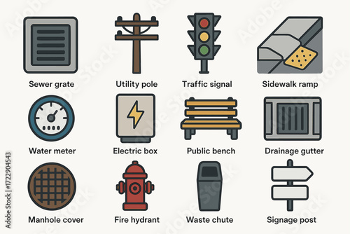 Urban infrastructure icons: sewer grate, traffic signal, bench, fire hydrant, electric box