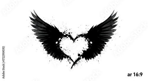 Dark feathered wings embracing a heart, inked with expressive blots and splatters of black