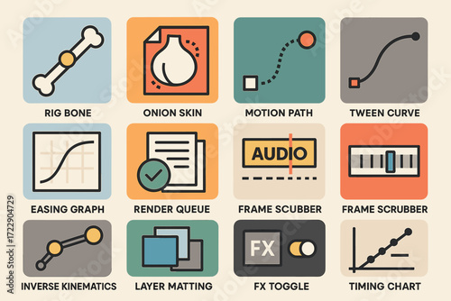 Animation tools icons: rig bone, motion path, easing graph, and more