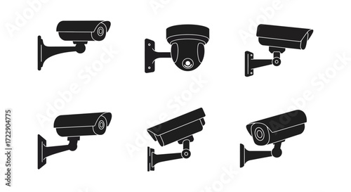 A collection of security cameras in a black and white silhouette style