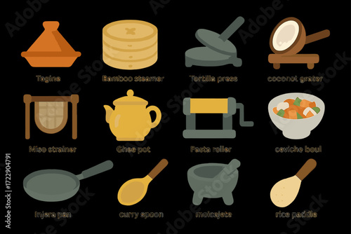 Culinary tools collection: tagine, bamboo steamer, tortilla press, coconut grater, and more