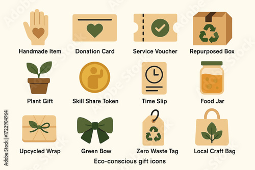 Eco-conscious gift icons featuring handmade, donation, and recycled elements