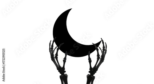 Ethereal embrace of skeletal hands grasping the crescent moon in a celestial ballet