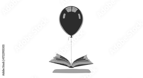Floating thoughts monochrome illustration of a balloon lifting an open book gently skyward