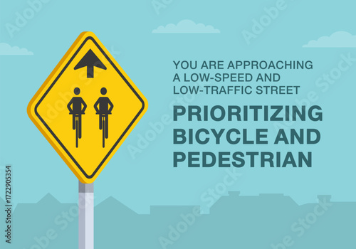 Safe driving tips and traffic regulation rules. Close-up of canadian "bicycle boulevard ahead" sign meaning. Low-speed and low-traffic street. Flat vector illustration template.
