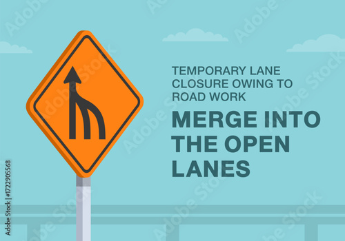 Safe driving tips and traffic regulation rules. Close-up of canadian "lane merge" sign meaning. Temporary lane closure owing to road work. Flat vector illustration template.