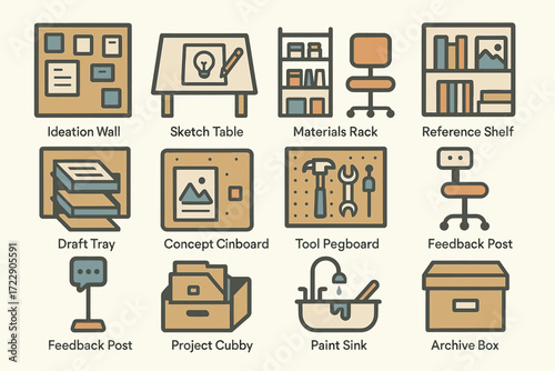 Office workspace icons: creative tools and organization elements