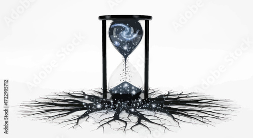 Hourglass containing galaxy with root system symbolizes transient moments and enduring legacy