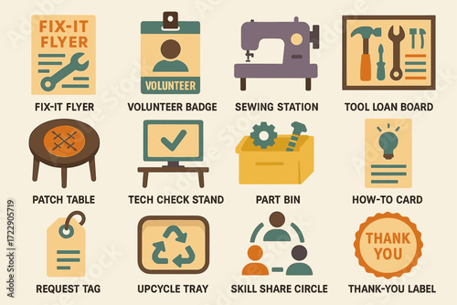 Community workshop icons: tools, volunteer, sewing, recycling, skill sharing, thank you