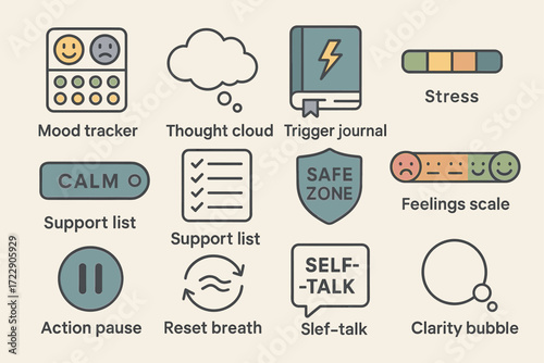 Mental health icons: mood tracker, stress, calm, self-talk, safe zone, thought cloud