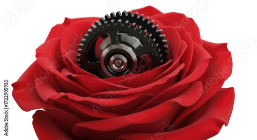 Juxtaposition of mechanical precision and natural beauty displaying an artistic contrast