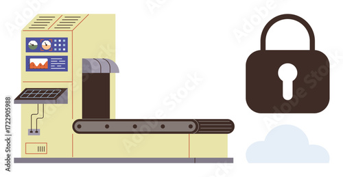 Industrial conveyor machine analyzing data paired with a padlock and cloud. Ideal for technology, security, cybersecurity, data encryption, privacy, cloud computing, system efficiency. Simple flat