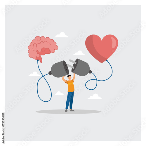 Emotional Intelligence Concept. Man Connect Heart Feeling with Logical Thinking Brain.