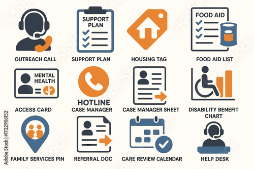 Community support icons: mental health, hotline, disability aid, family services, housing